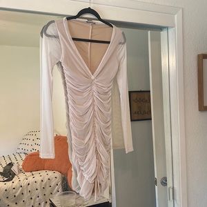 White ruched long sleeve midi dress